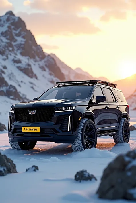 A luxurious black SUV resembling a Cadillac Escalade parked in a snowy mountain landscape during sunrise. The SUV features a bold front grille, rugged tires, and a sleek design. On the side, there is a unique flag-like design, and the license plate is brig...