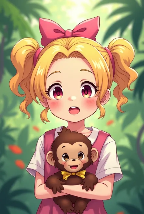 A young girl with a bright pink bow in her hair, blonde pigtails, holding a baby orangutan in her arms. The illustration is done in soft pastel colors, giving it a whimsical and cute feel. The girl has a cool and confident expression, as she stands surroun...