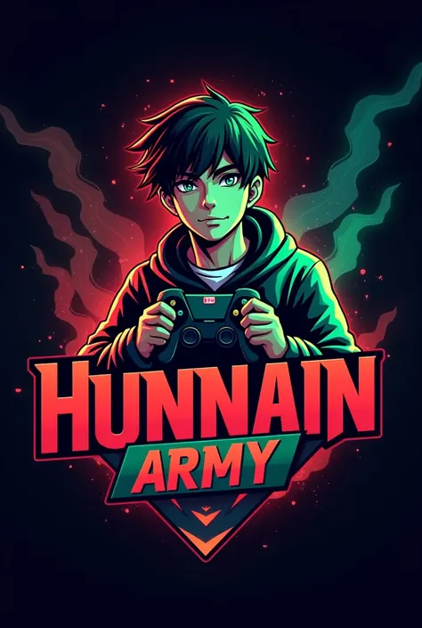 This is a gaming logo that features the name " Hunnain army " in a futuristic font and a neon red and green color. and Boy Anime avtar, The logo also has a stylized controller icon and a YouTube play button in the background. The logo is designed to be att...