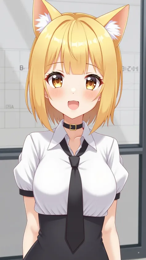 nsfw, masterpiece, ( Best Quality:1.2), (銳利的焦點:1.2),, 1 female, slim girl,, (blond|soft_ Yellow Hair), cat ears,,  Detailed Face , young| cute face , blush,  Wicked Smile ,, Natural Breasts, slender arms,,  white collar shirt with black tie,  Black Collar ...