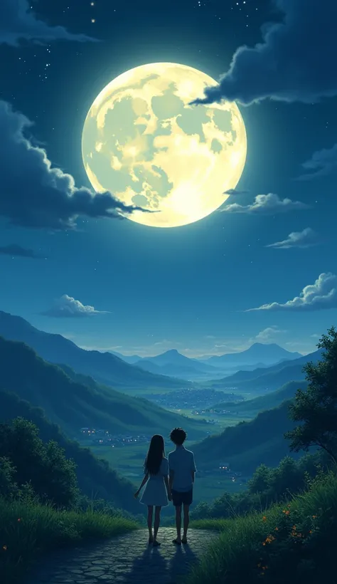 A romantic scene with a large moon brightly illuminating the rural landscape in the starry sky
Ghibli World
