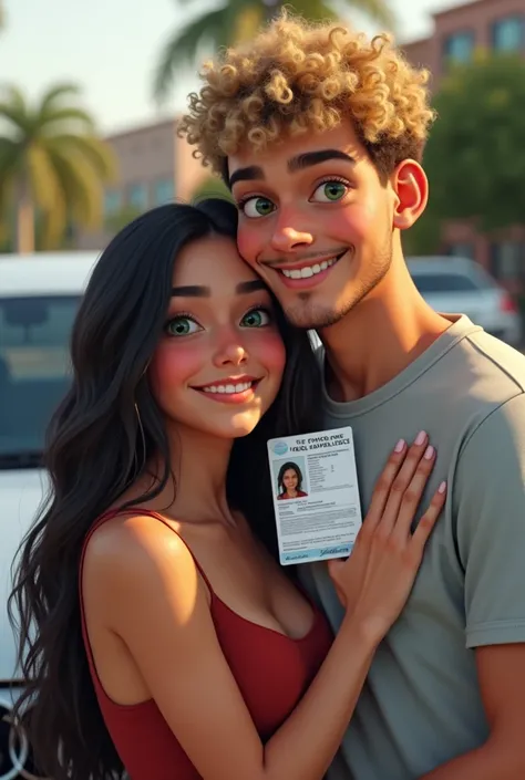 A girl, long dark hair, latina, very happy, with an audi a3 on background,  just got her driver license that is showing to her boyfriend while hugging him, he has a little bit of a lighter skin, curly and short blone hair, and green eyes and the boy has no...