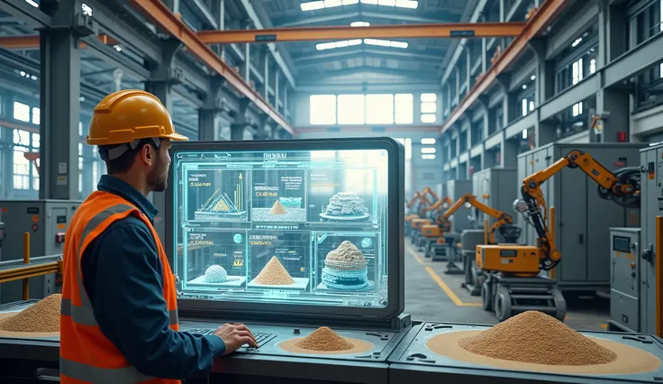 A cutting-edge core sand manufacturing facility with a blend of modern technology and traditional industrial processes. In the foreground, an engineer in safety gear operates a digital console with holographic interfaces displaying 3D models of core molds,...