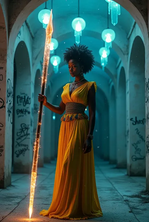 Low angle shot of a black woman in a yellow and black African designed dress, holding a metallic blue neon lit in spear, scene in an empty semi dark atmospheric white room with graffiti signatures on the floor and walls of the room, christmas crystal grey ...