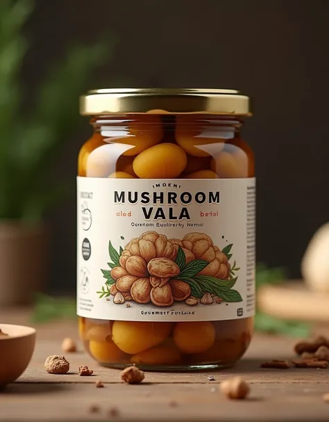 "A premium packaging design for oyster mushroom pickle under the brand Mushroom Vala. The packaging features a transparent glass jar with a gold or black airtight metallic lid. The jar label showcases earthy tones with a rustic and organic design. It inclu...