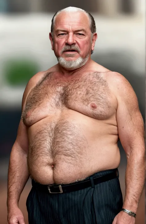 (Age: 60, White man, retired sheriff ), (Disgusting, Horny: 1.1), (Muscular, Chubby: 1.1), (Kind: 1.3), (without shirt, Mature Daddy, beer belly), (Dress Pants: 1.3), (Very Hairy chest and belly, Small Hard Nipple), (Visible Bulge), (Loafer: 1.2), full bod...