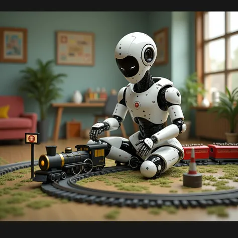 masterpiece, Everyday Life in the Future World , humanoid AI is playing with Diorama Train, anatomically correct, indoor, high definition , 最 High Quality ,  high detail,  HD Model,  High Quality ,  Ultra High Definition,  first-person view, 8k, digital ar...