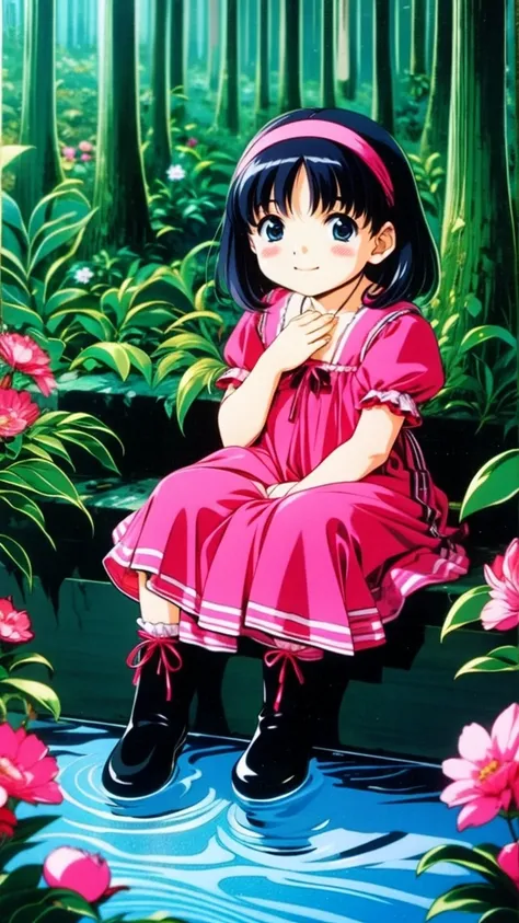   anime style、story、、   pretty girl 、とてもcute天使、  pink gothic dress  、cute、baby face、smile、  Long Skirt 、   black boots 、Very cute headband
