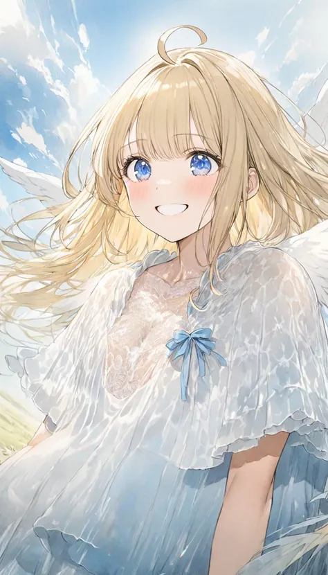 A fusion of oil and watercolor,  best quality, Super fine, 16k,  Incredibly Dumb ,  Very detailed, Delicate and dynamic,  cute woman, baby face, smile,  happy , shy, Blonde straight hair , Ahoge,  Angel Wings , A poncho-like dress with ruffles and lace in ...