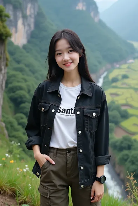 Beautiful Korean girl, smooth white skin, well-groomed face, black hair tied with a thin smile. Black brown jeans jacket, white Santi logo t-shirt, cargo pants, cool black watch, white shoes, posing on a high mountain, with the background visible from abov...