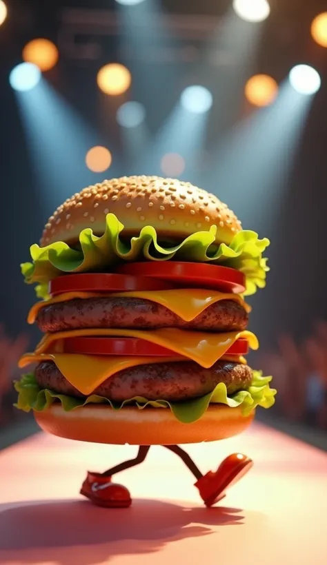 "A juicy burger twirling on the runway, showing off its layered ingredients—lettuce, cheese, and tomato—like fashion accessories. The stage lights highlight the burger’s golden bun." animated burger