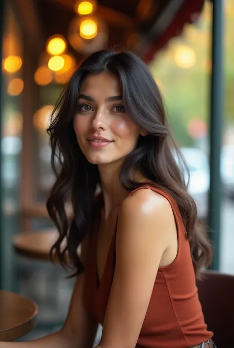 Close-up of a beautiful, pretty woman sitting on a chair in a café on an autumn afternoon, looking at us.