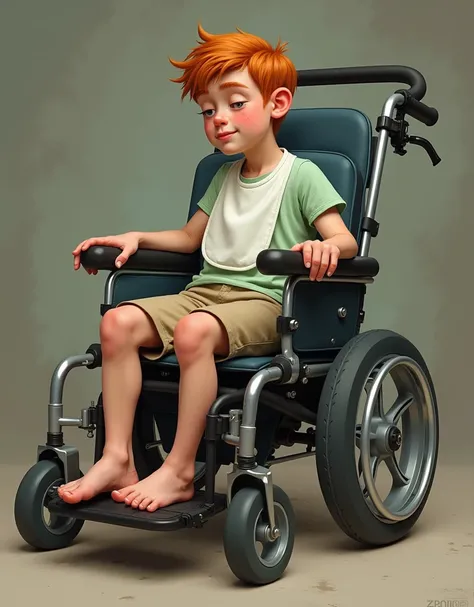 spastic-quadriplegic young-adult (20-year-old; is lanky, quite good-looking in a boyish twink way, has ginger hair, pale-ish complexion, & is quite stylish) man with severe cerebral-palsy as he sits safely restrained in his stroller-styled tilt-in-space-re...