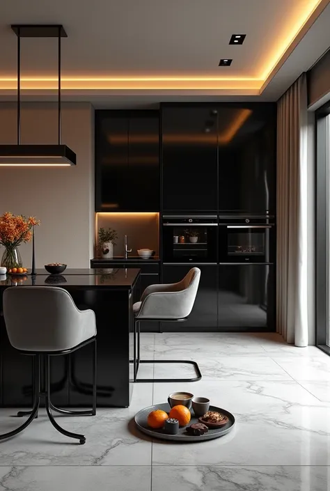 Professional 3d architecture perspective  rendering design of modern and minimal and high tech design for  elegant  and  luxurious kitchen  with  dark sand  color  and black glassy cabinets and elegant velvet  dark steel 3 chairs and  black glassy for isla...