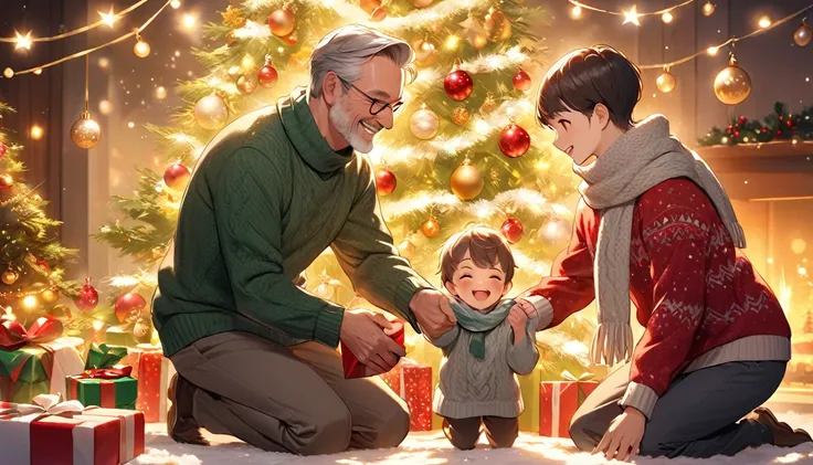 A warm Christmas scene where both a father and his young  are prominently visible. The father, wearing a cozy winter sweater, is kneeling or bending slightly to hand a beautifully wrapped gift with a shiny ribbon to his . The , dressed in a warm festive sw...