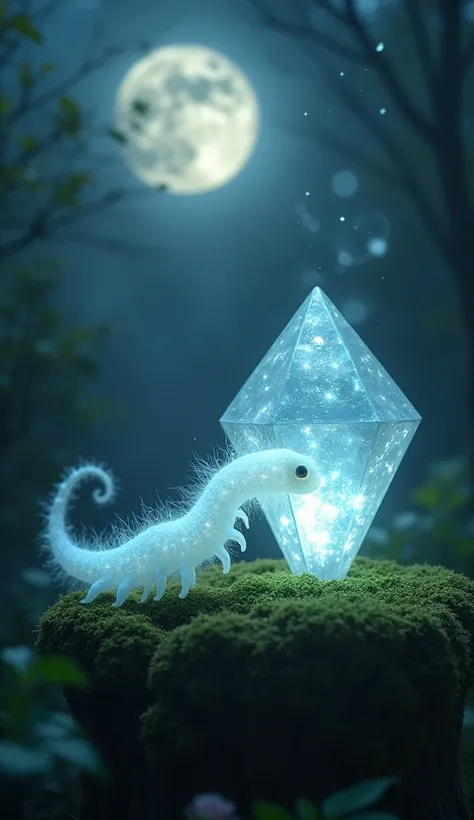 A luminous caterpillar crawling toward a radiant moonstone diamond. The caterpillar has a translucent, glowing body that shimmers with soft silver and pale blue hues, mirroring the diamonds ethereal glow. The moonstone diamond rests on a moss-covered pedes...