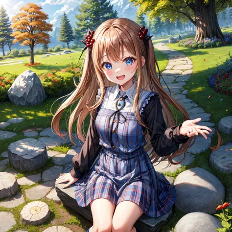 Chestnut Hair、 blue eyes、 with hair tied 、Two cute、 plaid miniskirt、 BLACK T-SHIRT、 Long Sleeve 、 dress、 striped high socks、Teeth are visible、lawn、The stone is cracked、Uneven ground、The road is curved、Large autumn tree、Mountain々、isolated island、iridescent ...