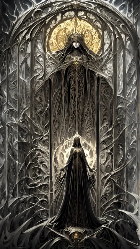 Tarot card: shows a warrior standing in front of a black marble portal, with reliefs of souls and shadows struggling to emerge from its surface. The figure of Banshee, with her veiled face and glowing eyes, holds a lit lantern, illuminating the warrior as ...