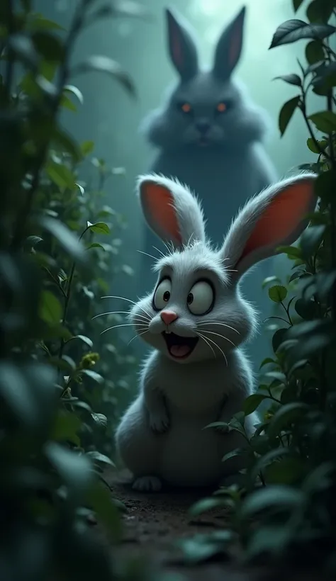 : A scared 3D Pixar-style rabbit bunny hiding behind a bush, peeking out with wide eyes, while a spooky shadow appears in the background.
