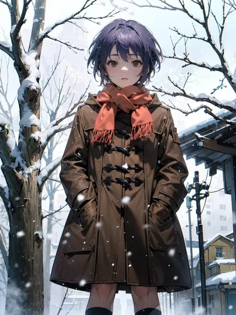 (masterpiece),( best quality), Yuki,  brown coat,  scarf, kneehighs, Blank Eyes, Expressionless face, Park,  , snow, snowing, tree, nature, 