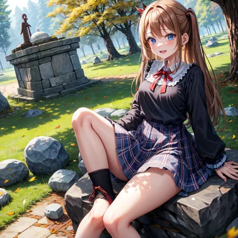 Chestnut Hair、 blue eyes、 with hair tied 、Two cute、 plaid miniskirt、 BLACK T-SHIRT、 Long Sleeve 、 dress、 striped high socks、Teeth are visible、lawn、The stone is cracked、Uneven ground、The road is curved、Large autumn tree、Mountain々、isolated island、iridescent ...