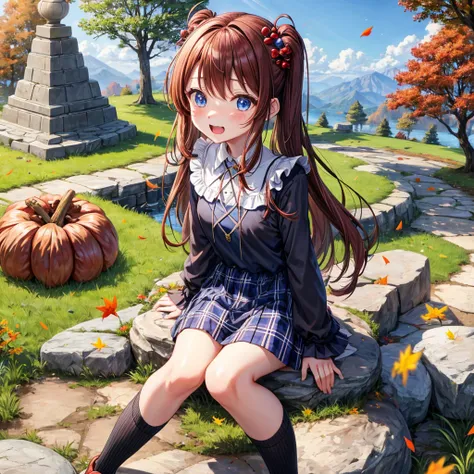 Chestnut Hair、 blue eyes、 with hair tied 、Two cute、 plaid miniskirt、 BLACK T-SHIRT、 Long Sleeve 、 dress、 striped high socks、Teeth are visible、lawn、The stone is cracked、Uneven ground、The road is curved、Large autumn tree、Mountain々、isolated island、iridescent ...