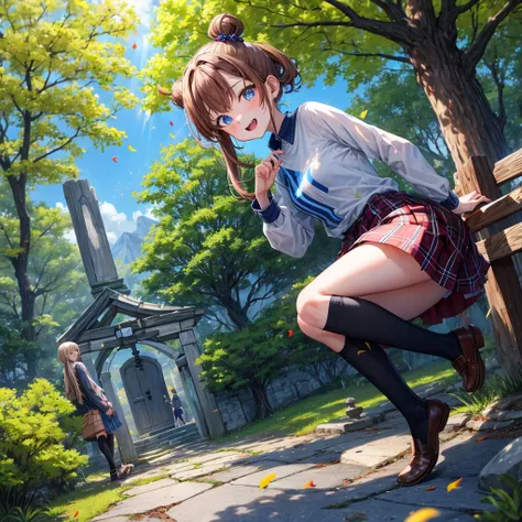 Chestnut Hair、 blue eyes、 with hair tied 、Two cute、 plaid miniskirt、 BLACK T-SHIRT、 Long Sleeve 、 dress、 striped high socks、Teeth are visible、lawn、The stone is cracked、Uneven ground、The road is curved、Large autumn tree、Mountain々、isolated island、iridescent ...