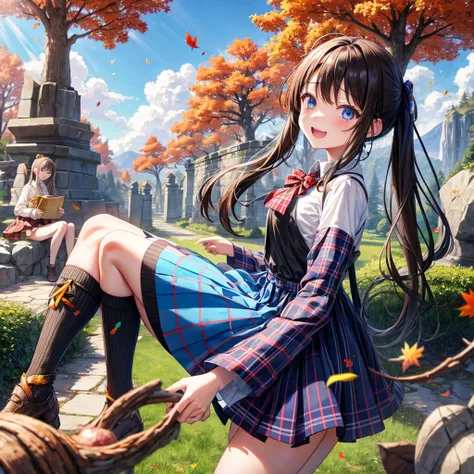 Chestnut Hair、 blue eyes、 with hair tied 、Two cute、 plaid miniskirt、 BLACK T-SHIRT、 Long Sleeve 、 dress、 striped high socks、Teeth are visible、lawn、The stone is cracked、Uneven ground、The road is curved、Large autumn tree、Mountain々、isolated island、iridescent ...