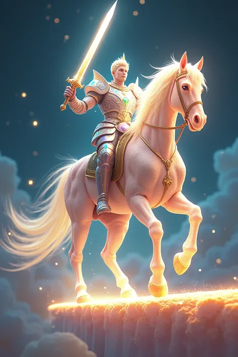 A translucent crystal knight with shimmering armor reflecting all the cores of the rainbow. He carries a sword made of pure light, riding a shining steed with manes of golden mist. They walk across a floating bridge that connects two worlds, while a shower...