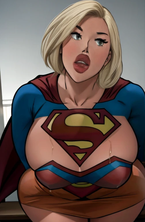   Supergirl Costume,  blonde alone,   Sexy body on the desk  ,   Man In A Miniskirt   , big , Face wet with saliva  