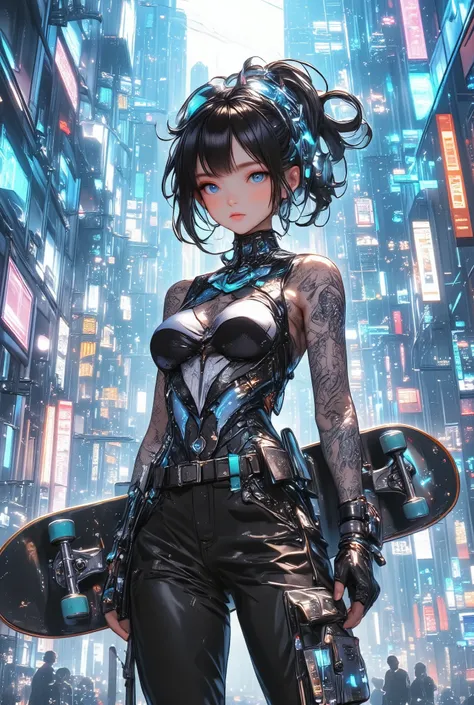 a painting of a woman with tattoos and a skateboard, Cyberpunk art by Russell Dongjun Lu , trend in CGSociety , street art, Cyberpunk 2077 Character Art, Cyberpunk streetwear, cyberpunk style 2 0 7 7, cyberpunk 2077 ross drawings, a highly detailed cha...