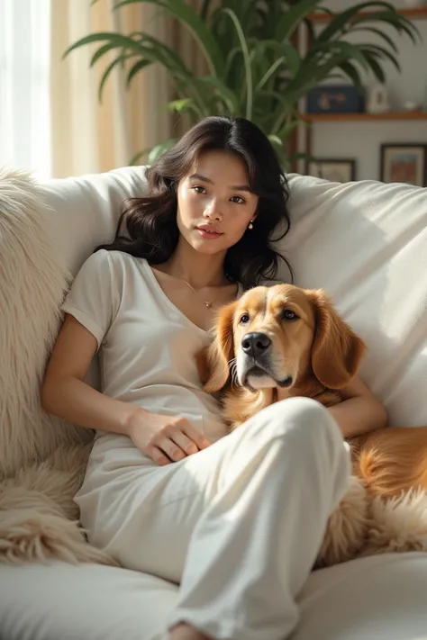 A beautiful strong girl with her doggy in a white couch 