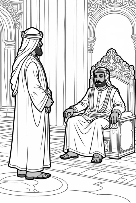 Black and white outlined colouring pictures , chilldrens colouring books of a middle eastern man standing in front of a king who look troubled