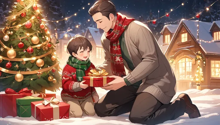 A warm Christmas scene where both a father and his young  are prominently visible. The father, wearing a cozy winter sweater, is kneeling or bending slightly to hand a beautifully wrapped gift with a shiny ribbon to his . The , dressed in a warm festive sw...