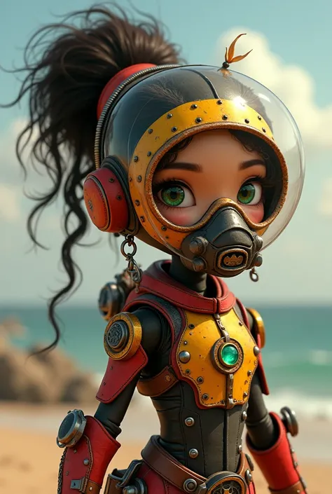 A 15-year-old Disney-Pixar style girl, with a warm complexion and soft blush on her cheeks. She has large green almond-shaped eyes, framed by thin brows, and a small red binds emphasizing her cultural heritage. Her dark voluminous curly hair, styled in a b...