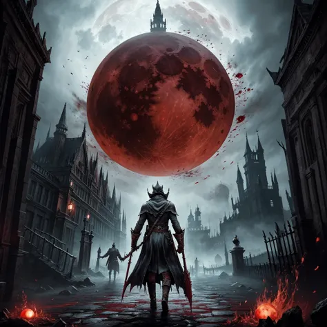 Bloodborne　beast　 devastated world　Red Moon　 greatest masterpiece　Painting　 high quality　 Dark Fantasy