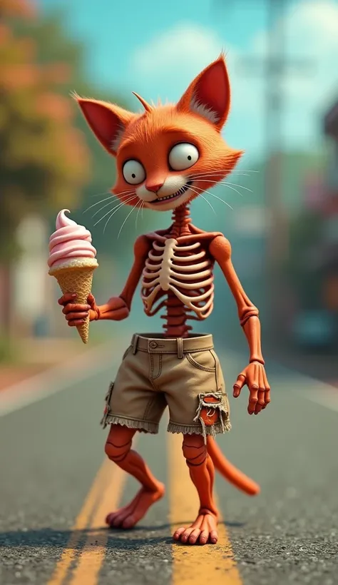 cinematic 3D style, HD image, realistic image and colourful image
Character,A Johnny red long cat with a all skeleton body and wearing torn and dirty  light brown shorts,Johnny cat is crying a lot.

Action,Johnny Cat is walking on the road with an ice crea...