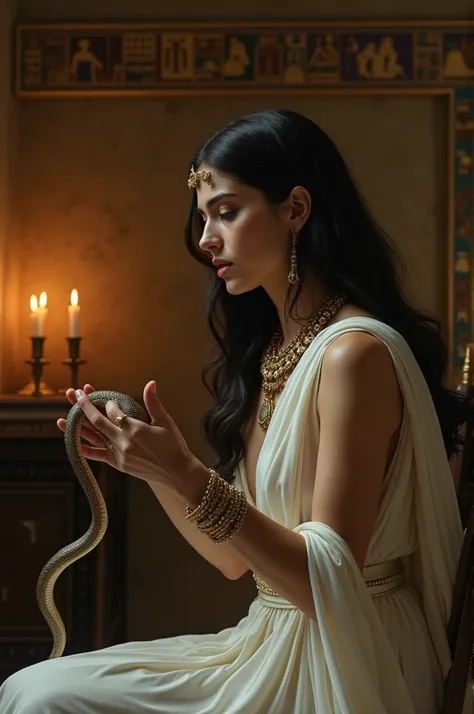 Cleopatra in a private chamber, wearing a simple white gown. She holds a venomous snake in her hand, gazing at it with a mix of calm and sorrow. The room is richly decorated with Egyptian motifs, and warm candlelight casts soft shadows. Her expression is e...