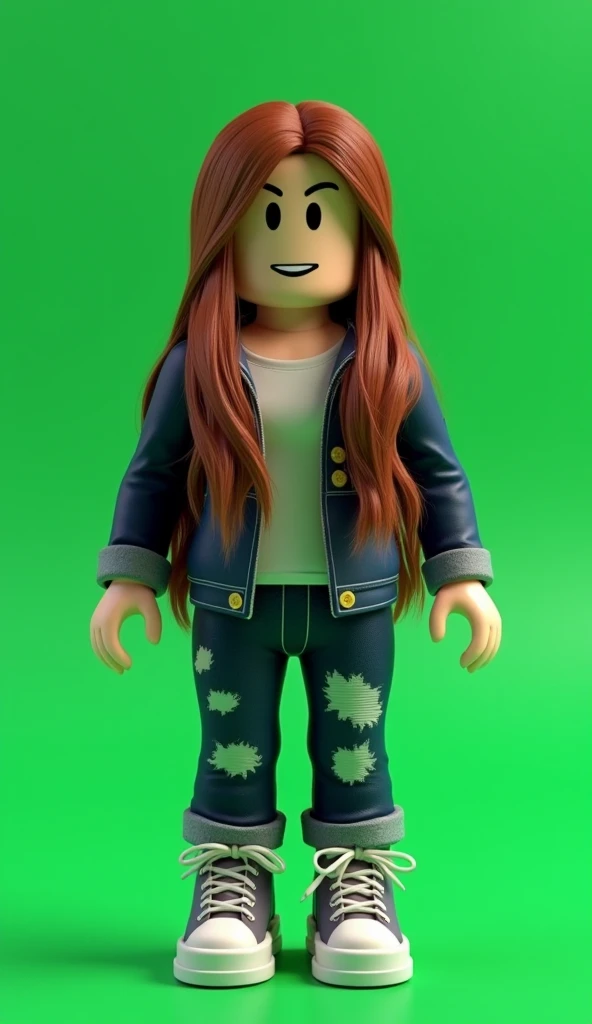 Roblox character, front view, long hair, green screen background, roblox