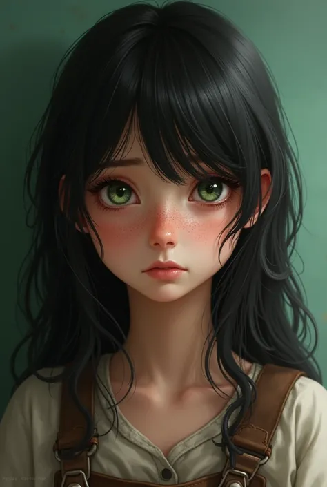 Create a realistic image, of a 16-year-old girl ,  with green eyes and black hair ,  Her face has lots of pimples ,  her teeth are broken ,  and her clothes are old and unfashionable .  Shes in the classroom and her classmates laugh at her,  Her face conve...