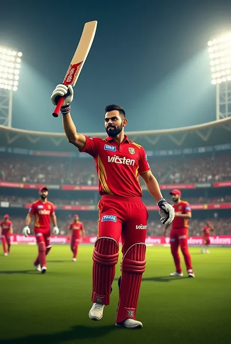 Generate realistic image that Virat Kohli in his RCB jersey winning ipl against dhoni CSK in final ipl match make it realistic image 