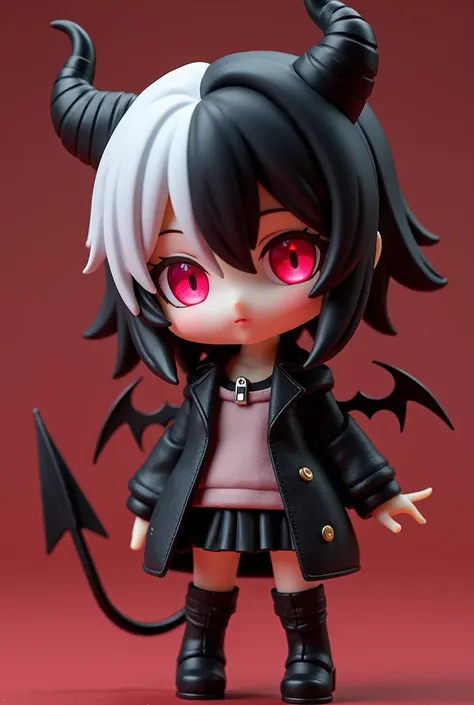 SD Character, The full body of a doll dressed as a devil , ４Head size,Full body showing up to the feet , Good Smile Company anime style as black and white split hair in the center ,  Nendoroid のようなスタイル,  Good Smile Company anime style with pink shining eye...