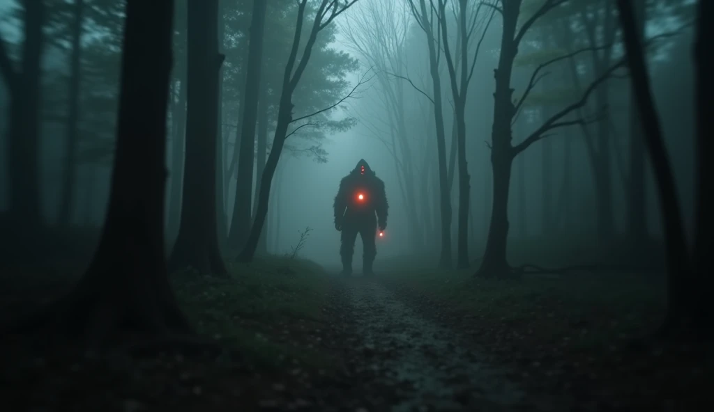 **Image Prompt:**

*A shaky, first-person camera shot through a dense, foggy forest. The camera operators breathing is heavy and panicked. A low growl echoes through the trees, and a shadowy figure, with glowing red eyes, moves towards the camera.*

**Addi...