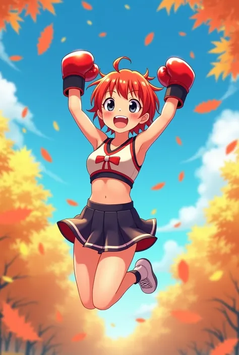 (Amazing. Super high quality. So beautiful. Extremely detailed. A perfect masterpiece. 2D, Japanese animation cel. A scene from a movie. Breathtakingly soft touch, dynamic.) Autumn leaves. Crisp blue sky. Full body. A woman with short bright red hair and l...