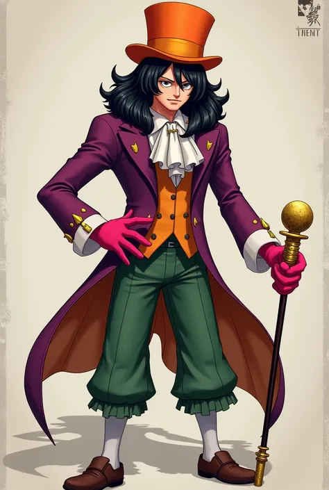 Make for me the character ,  from One Piece with black hair on his head ,  an orange top hat was wearing a beautiful plum-colored velvet tailcoat,  His pants were bottle green ,  his gloves were Pink ,  and in one of his hands he was holding a cane with go...