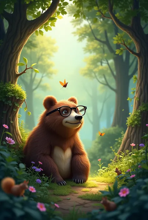 a lively forest where the bear with the spectacles is in a corner 