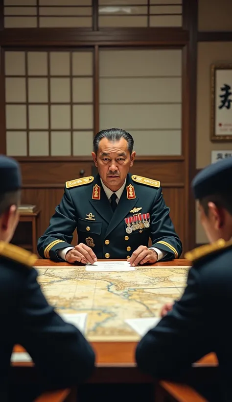 A Japanese military chief seated in a traditional wartime office, surrounded by high-ranking officers engaged in a serious meeting. The office is decorated with maps, war plans, and traditional Japanese decor, including sliding paper doors and wooden furni...