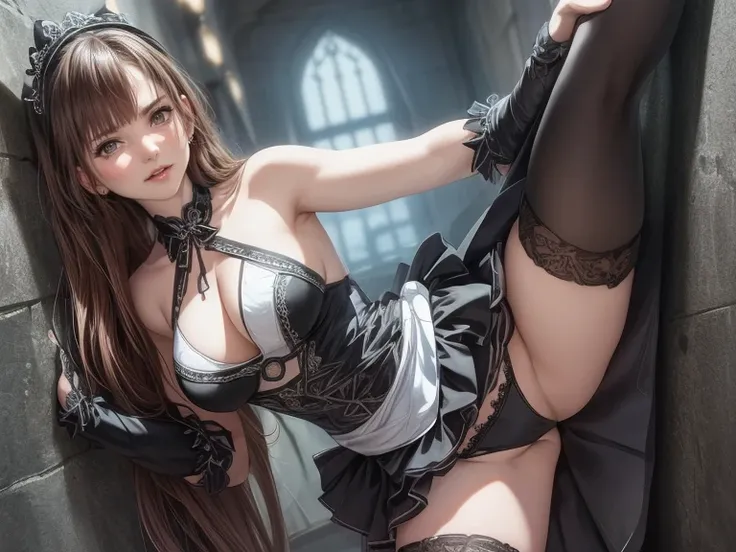 masterpiece,   best quality,    Ultra High Definition CG Unity 8K Wallpaper , (  beautiful woman ) , ((  flat chested,Thighs)),   ((Gothic Lolita Clothing))((  absolute domain )), ((silk white lace pattern panties)),   Oil Skin, ( enchanting smile with you...