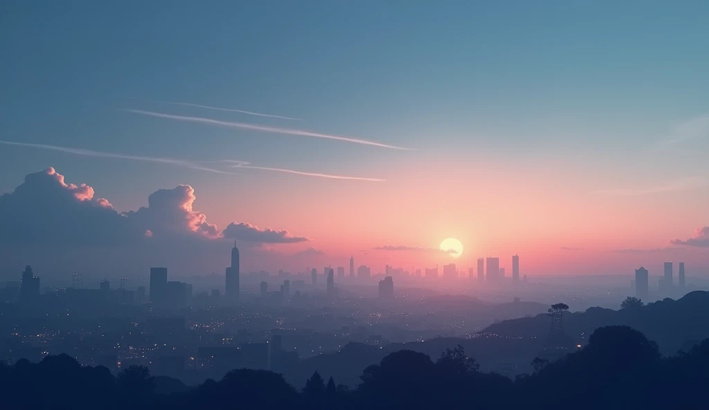  cityscape at dusk ,  faint clouds drift in the evening sky. Clouds are thin 、 almost indistinguishable , fading sunlightにそっと照らされ、 city lights begin to shine below 