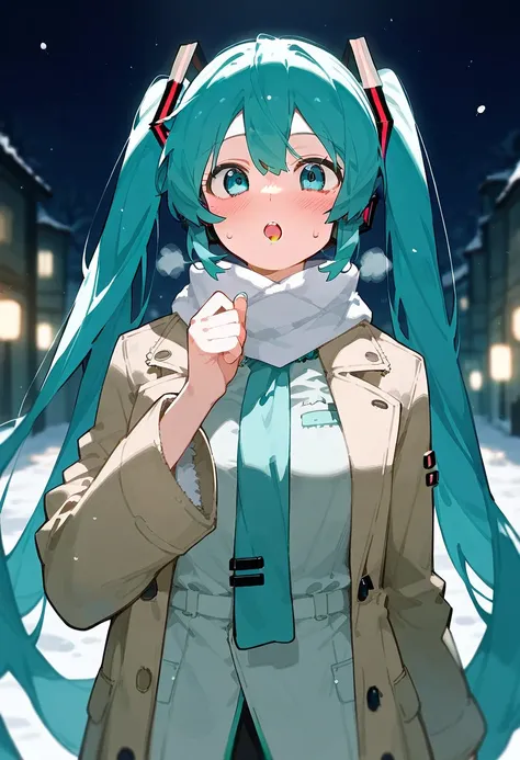 nsfw,1girl,slim, medium breasts,blush,trench coat ,outdoor,upper body,blush, half open mouth, front view, from front,night,dark sky, snow fall,white breath,scarf,tights,((Hatsune Miku)),vocaloid